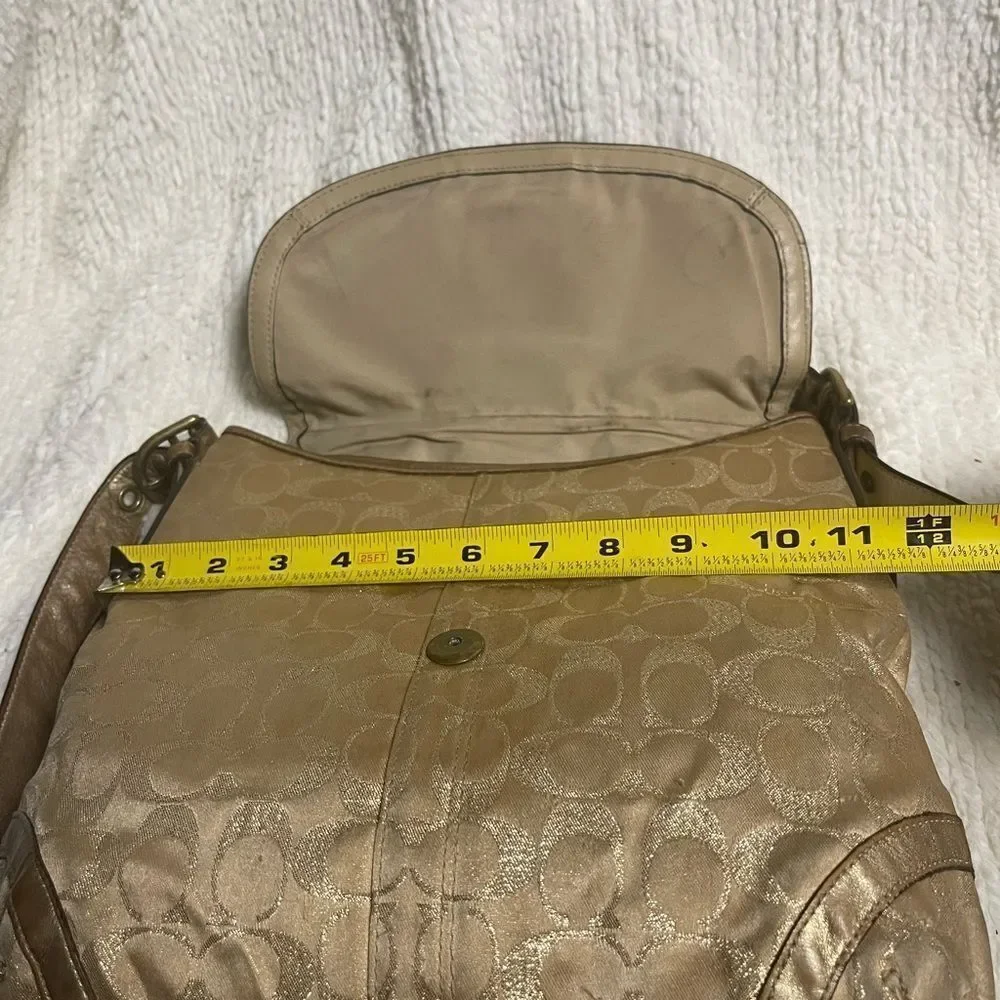 Coach Metallic Fabric Gold Signature Lured Studded Crossbody Bag  leather trims